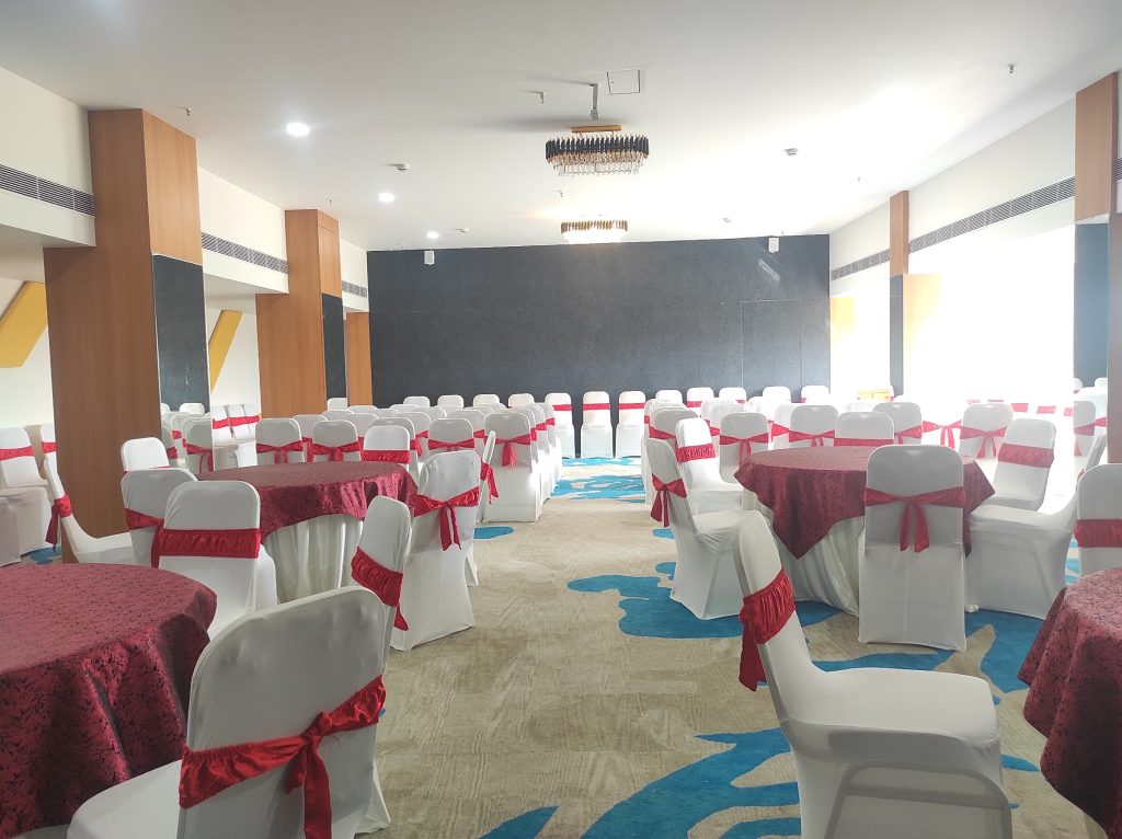 Spacious and well-lit banquet hall setup